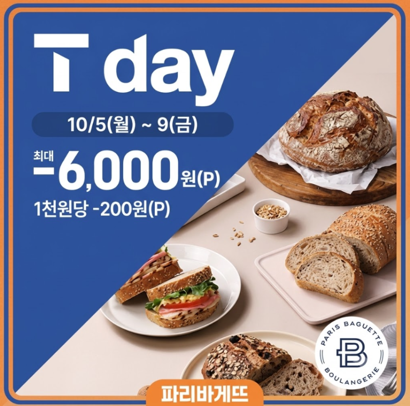 [SKT T day 할인]10월 파리바게뜨 1,000원당 200원 할인·적립 혜택 총정리