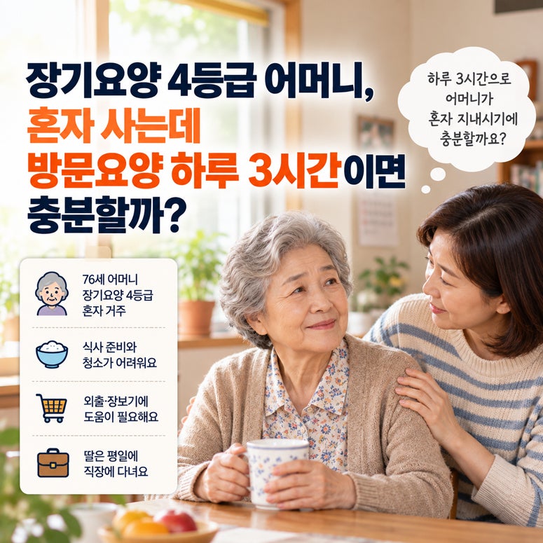 장기요양 4등급 어머니, 혼자 사는데 방문요양 하루 3시간이면 충분할까?