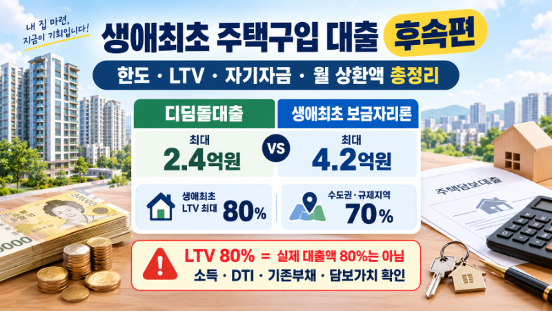 생애최초 주택구입 대출 후속편｜디딤돌·보금자리론 한도·LTV·자기자금·월 상환액 총정리
