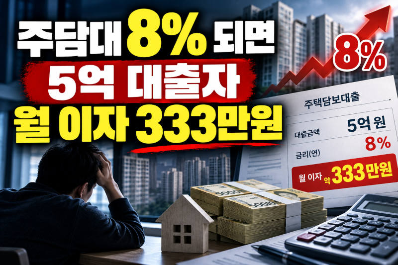 주담대 8% 되면 5억 대출자 ‘월 이자 333만원’…월급 전부 은행으로.