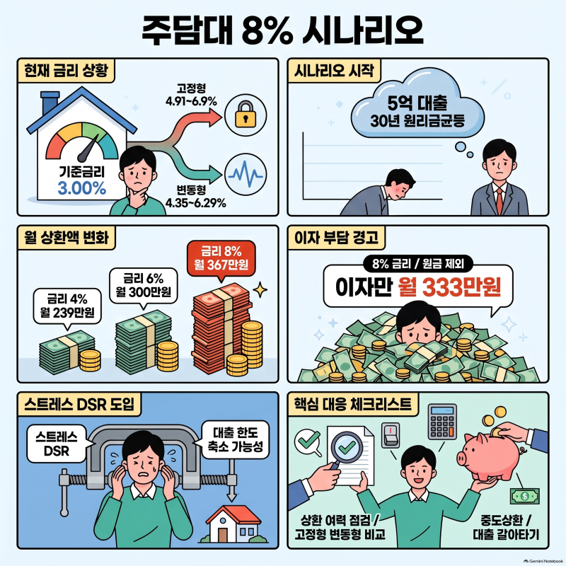 주담대 8% 시나리오, 5억 대출 월 상환액 4%·6%·8%로 계산해 보니