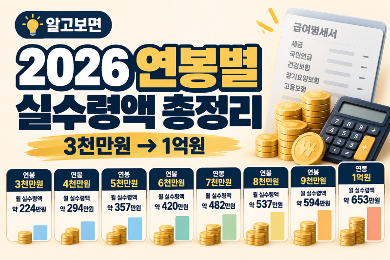 2026년 연봉별 실수령액 총정리｜3천만원부터 1억원까지