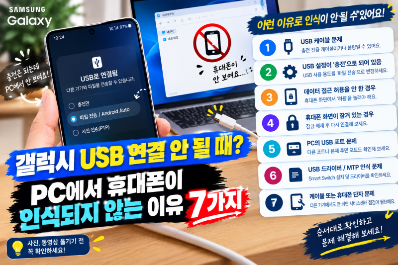 갤럭시 USB 연결 안 될 때? PC에서 휴대폰이 인식되지 않는 이유 7가지