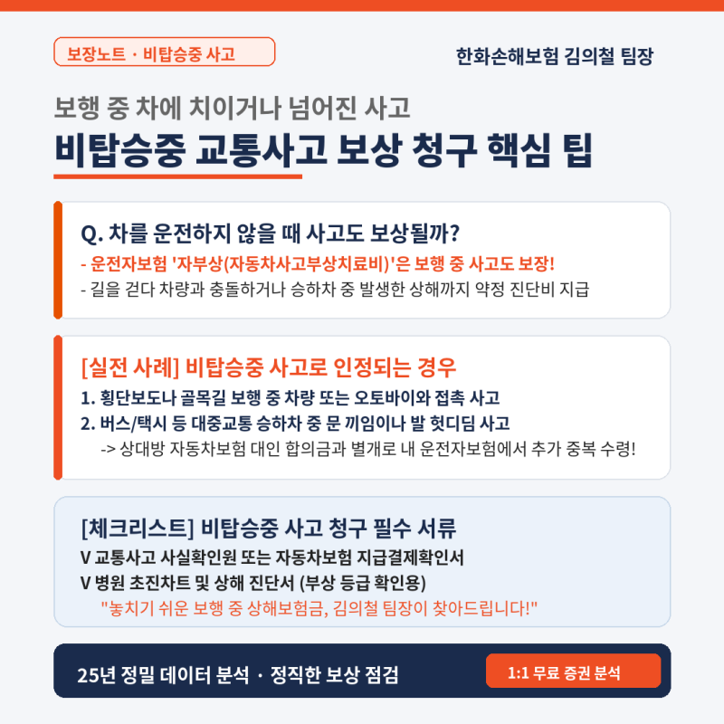 [운전자보험 보상] 차 안 탔는데도 보상? 비탑승중 교통사고 사례와 자부상 청구법