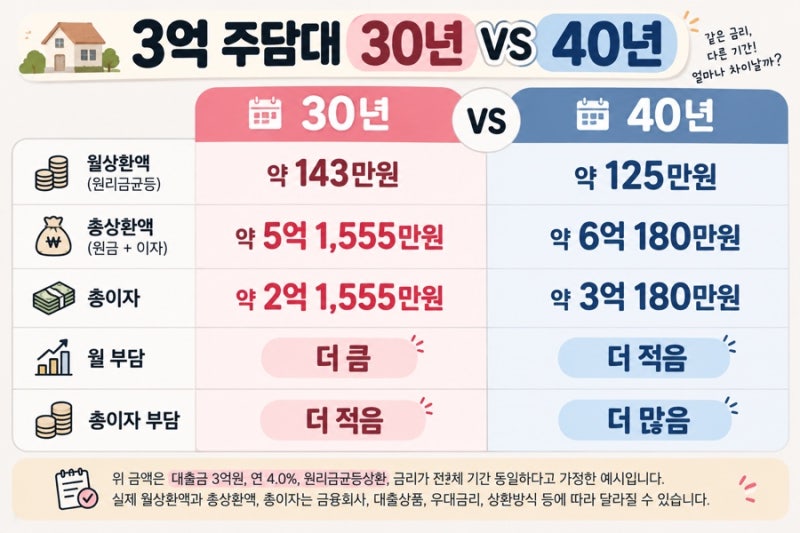 3억 주담대 30년 vs 40년 월상환액 얼마나 차이 날까? 총이자 비교