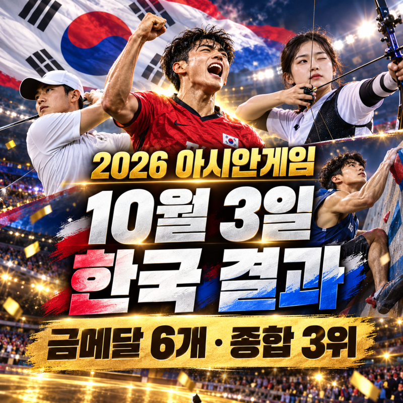 2026 아시안게임 10월 3일 한국 경기 결과｜남자축구 4연패·금메달 6개·종합 3위