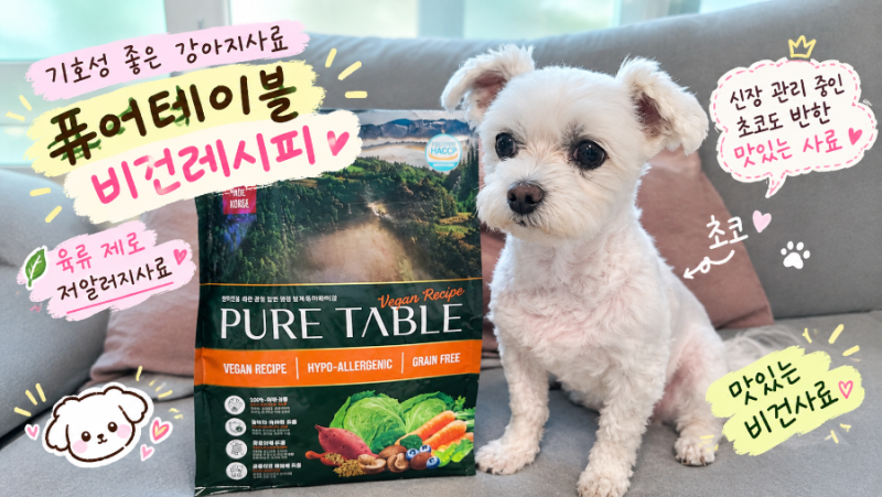 기호성 좋은 강아지사료 퓨어테이블 비건레시피, 신장 관리 중인 초코도 반한 육류 제로 저....