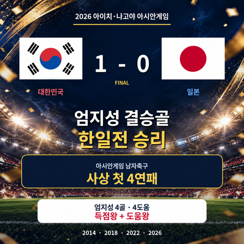 엄지성 결승골로 일본 꺾었다…한국 아시안게임 축구 4연패, 득점왕·도움왕까지 싹쓸이