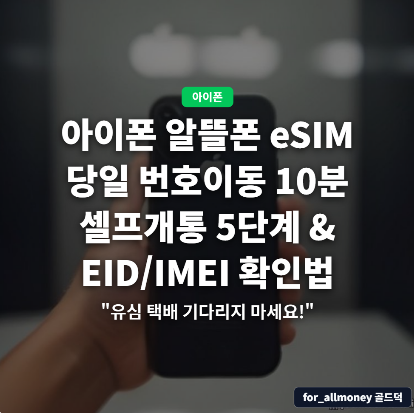아이폰 알뜰폰 eSIM 당일 번호이동 10분 셀프개통 5단계 & EID/IMEI 확인법 "유심 택배 기다리지 ....