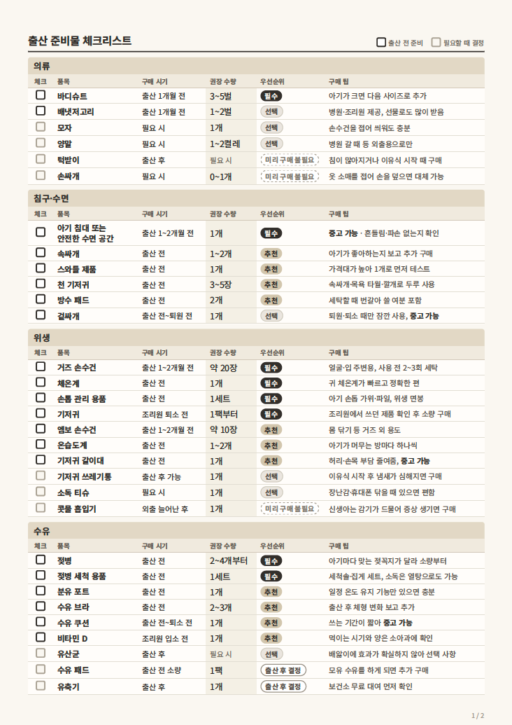 [임신 준비물] 출산준비물 리스트 이것만 먼저! 최소한의 신생아 필수품 PDF 공유