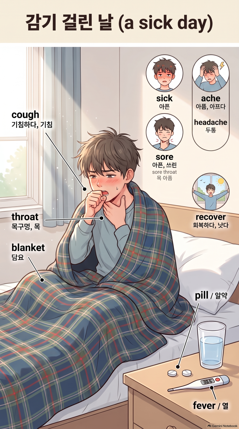 감기 걸린 날 영어로? sick, sore, ache 차이까지 그림 한 장으로 정리해요 [기본 어휘 3000]