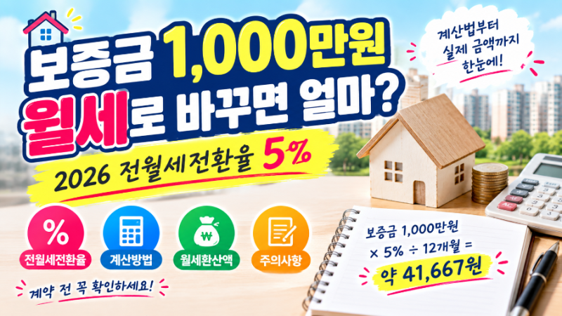 보증금 1,000만원을 월세로 바꾸면 얼마? 2026년 전월세전환율 5% 계산법