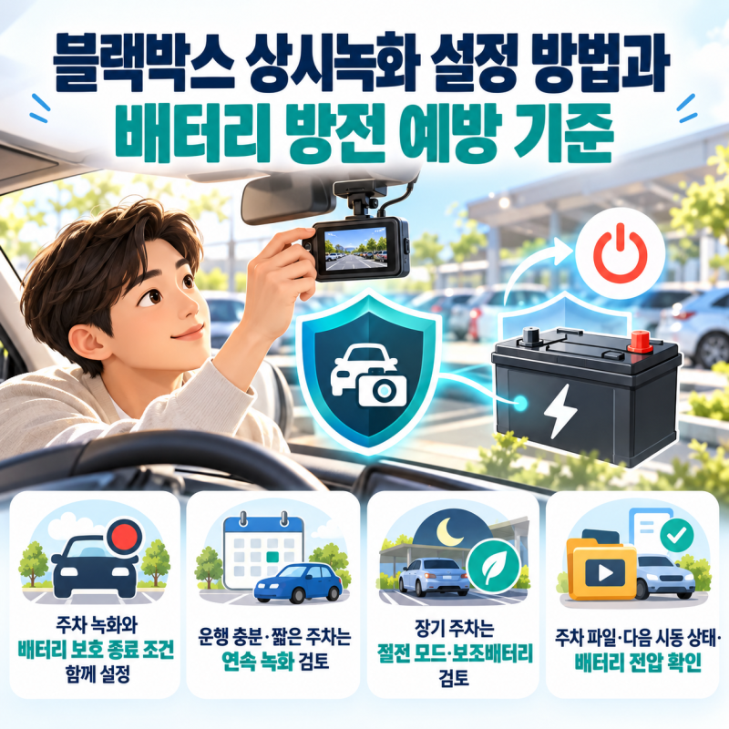 블랙박스 상시녹화 설정 방법과 배터리 방전 예방 기준