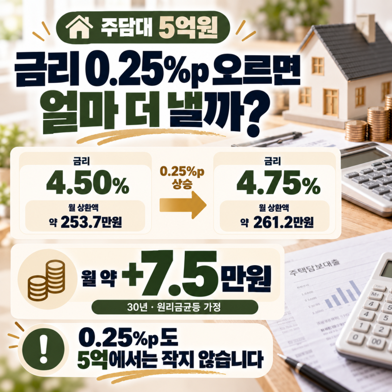 5억 주담대 금리 0.25%p 오르면 한 달에 얼마 더 낼까?