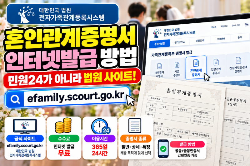혼인관계증명서 인터넷발급 방법｜민원24 아닌 법원 사이트에서 무료 발급