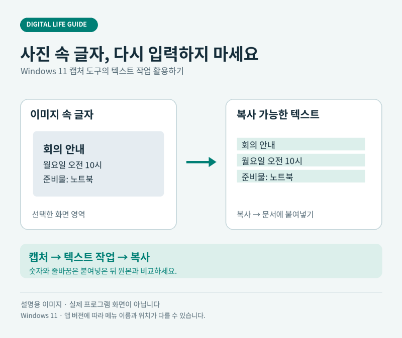 윈도우11 사진 글자 추출 방법, 캡처 도구 텍스트 작업 안 보일 때