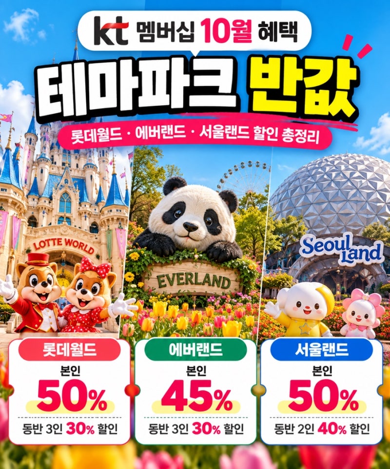 KT 멤버십 10월 테마파크 할인｜롯데월드·에버랜드·서울랜드 반값 혜택 총정리