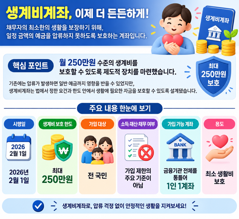 2026 생계비계좌 총정리｜압류방지통장 250만원 한도·가입방법·은행 비교