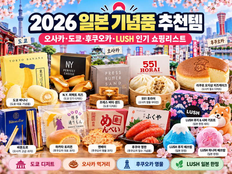2026 일본 기념품 추천 총정리｜도쿄·오사카·후쿠오카·러쉬 인기 쇼핑리스트 36선