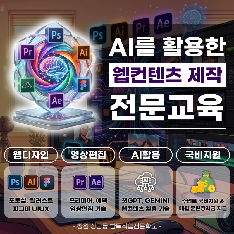 창원국비지원교육 : AI와 포토샵,일러스트, 프리미어 웹컨텐츠 제작 전문수업학원