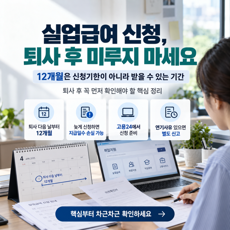 실업급여 신청, 퇴사 후 미루지 마세요｜12개월은 ‘신청기한’이 아니라 ‘받을 수 있는 기....