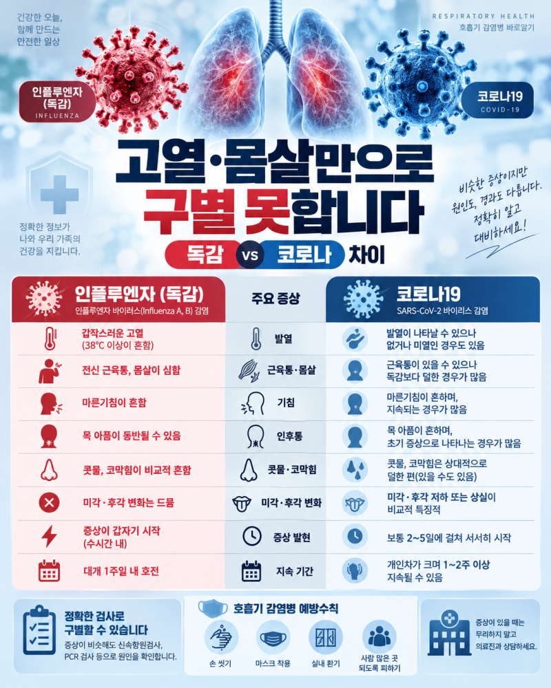 독감 코로나 차이, 고열·몸살만으로 구별 못합니다｜증상·검사·치료 한눈에 비교