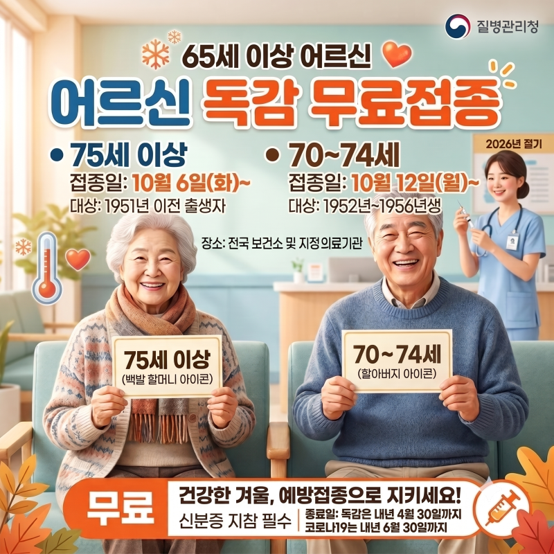 (2026년)65세 이상 어르신 75세 이상 어르신 독감 무료접종 날짜,코로나19 국가접종 날짜 접종방....