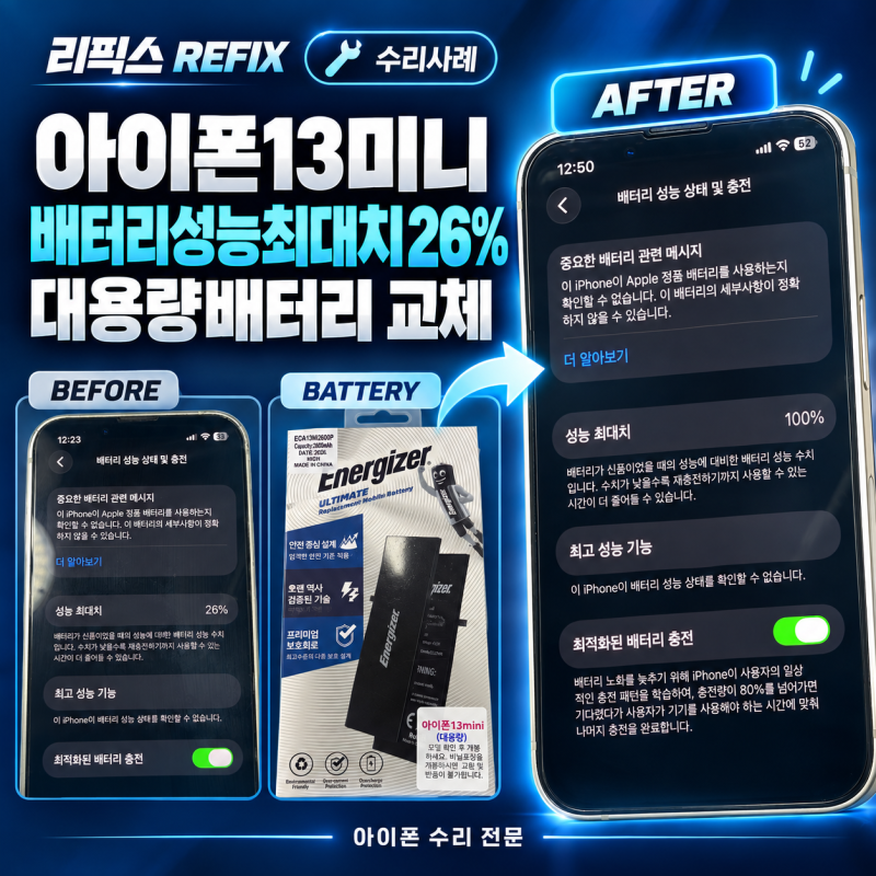 아이폰13미니 호환 배터리 교체 후 1년 기록, 배터리 성능최대치 26%까지 떨어진 속도로 보는 ....