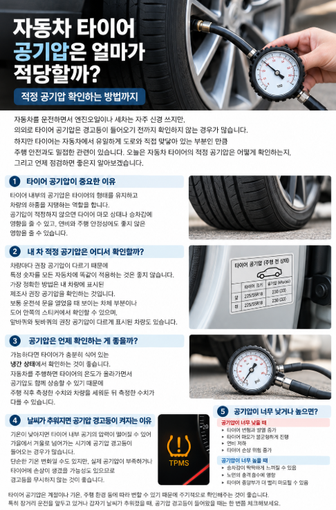 자동차 타이어 공기압은 얼마가 적당할까?｜적정 공기압 확인하는 방법