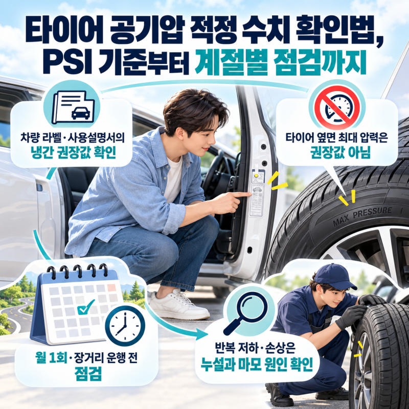 타이어 공기압 적정 수치 확인법, PSI 기준부터 계절별 점검까지