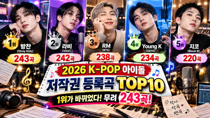 지드래곤도 10위! 2026 K-POP 아이돌 저작권 등록곡 TOP10｜243곡으로 새롭게 1위 된 아이돌
