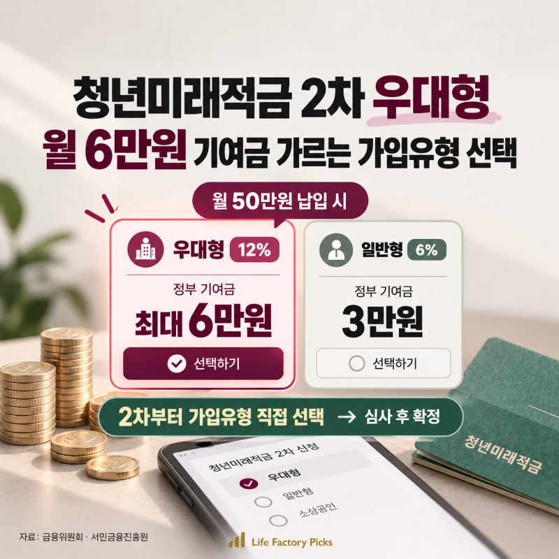 청년미래적금 2차 우대형, 월 6만원 기여금 가르는 가입유형 선택