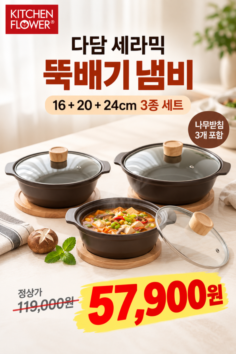 인덕션가능 키친플라워 다담 세라믹 뚝배기 3종 세트, 57,900원