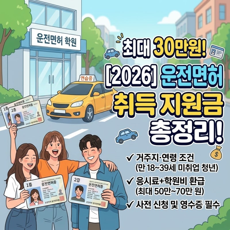 [2026] 운전면허 취득 지원금 총정리! 신청 조건, 비용 환급, 영수증 제출 주의사항