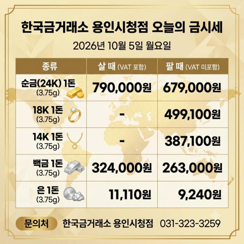 2026년 10월 5일 임시공휴일 순금 한돈 살때 790,000원 팔때 679,00원 14K 18K 주얼리 가격 한국금거....