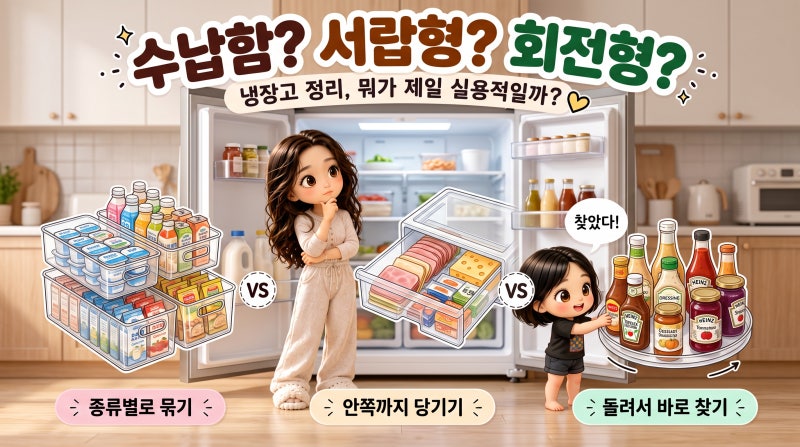 냉장고 투명 수납함 vs 서랍형 정리함 vs 회전 트레이｜뭐가 제일 실용적일까?