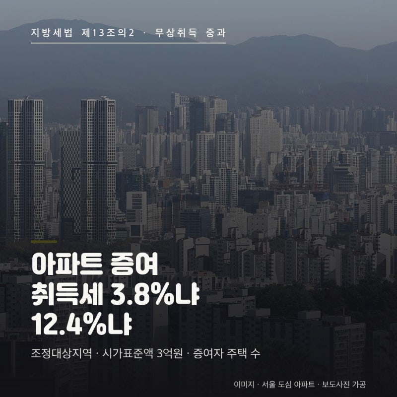 아파트 증여 취득세 12퍼센트 중과 총정리 : 조정대상지역, 시가표준액 3억원, 증여하는 사람....