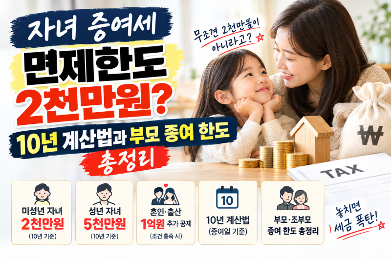 자녀 증여세 면제한도 2천만원? 10년 계산법과 부모 증여 한도 정리