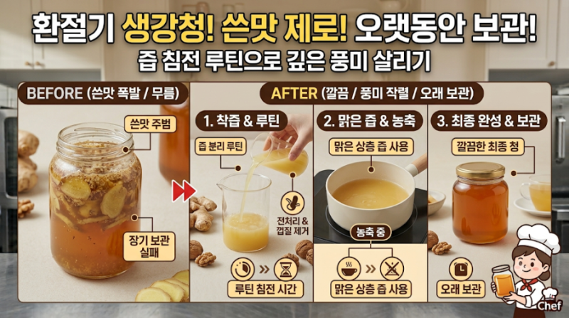 환절기 생강청 쓴맛 줄이고 깊은 풍미 살려 오랫동안 보관하는 즙 침전 루틴