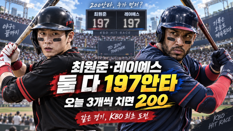 최원준·레이예스 둘 다 197안타…오늘 같은 경기서 3개씩 치면 KBO 최초