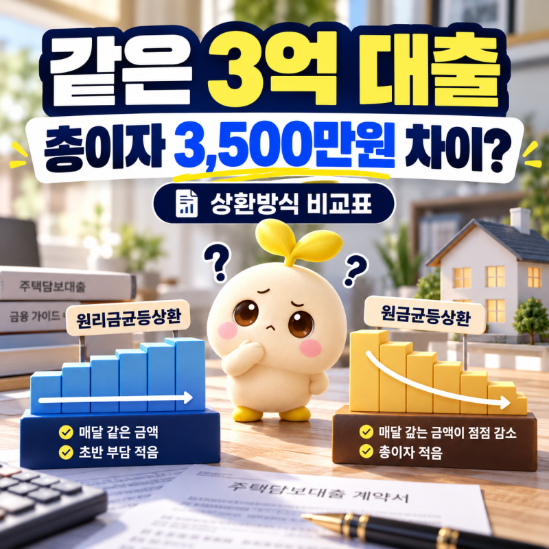원리금균등 vs 원금균등, 월 상환액과 총이자는 얼마나 다를까?