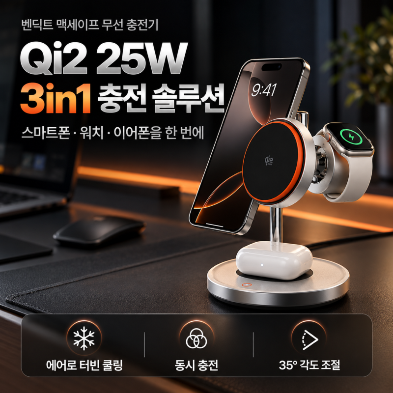 벤딕트 3in1 맥세이프 무선충전기, Qi2.2 25W 충전속도와 호환성 체크