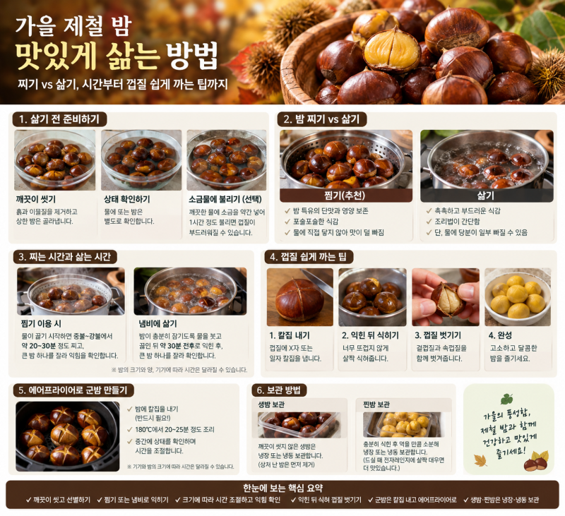 가을 제철 밤 맛있게 삶는 방법: 찌기 vs 삶기 시간부터 껍질 쉽게 까는 팁까지