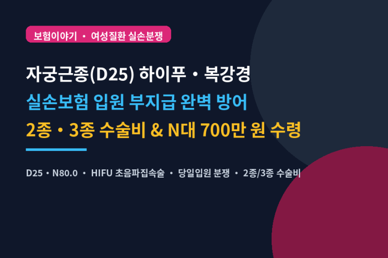 자궁근종(D25) 하이푸 수술비 청구법! 실손 입원 부지급 방어와 3종 수술비 700만 원 받는 비법