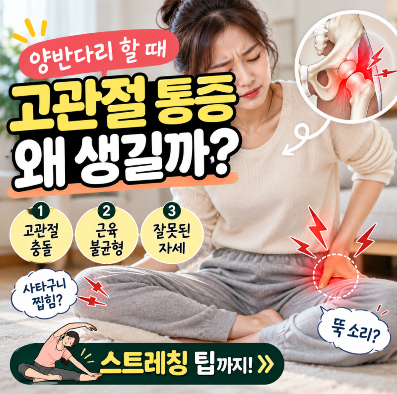 양반다리 고관절 통증 원인 3가지｜사타구니 찝힘과 뚝 소리 날 때 체크리스트 (스트레칭 팁)