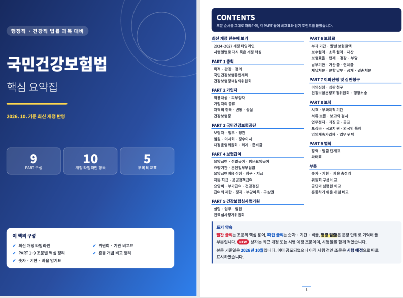 2026 국민건강보험법 핵심 요약집 + 숫자 기한 암기표 (건보 행정직·건강직 법률 과목 대비)