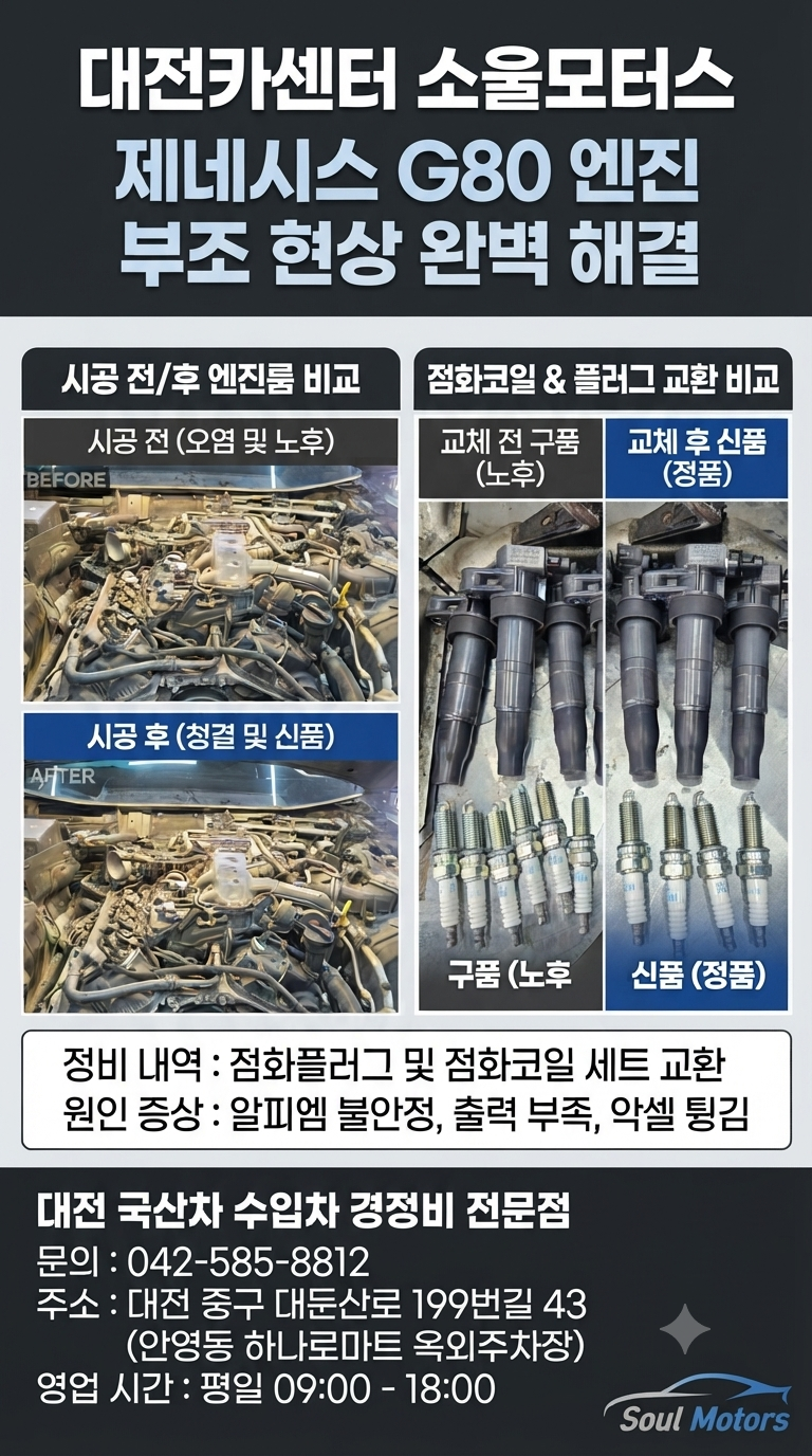 [대전카센터] 제네시스 G80 알피엠 불안정, 출력 부족, 악셀 튕김 현상! 점화플러그 및 점화코....
