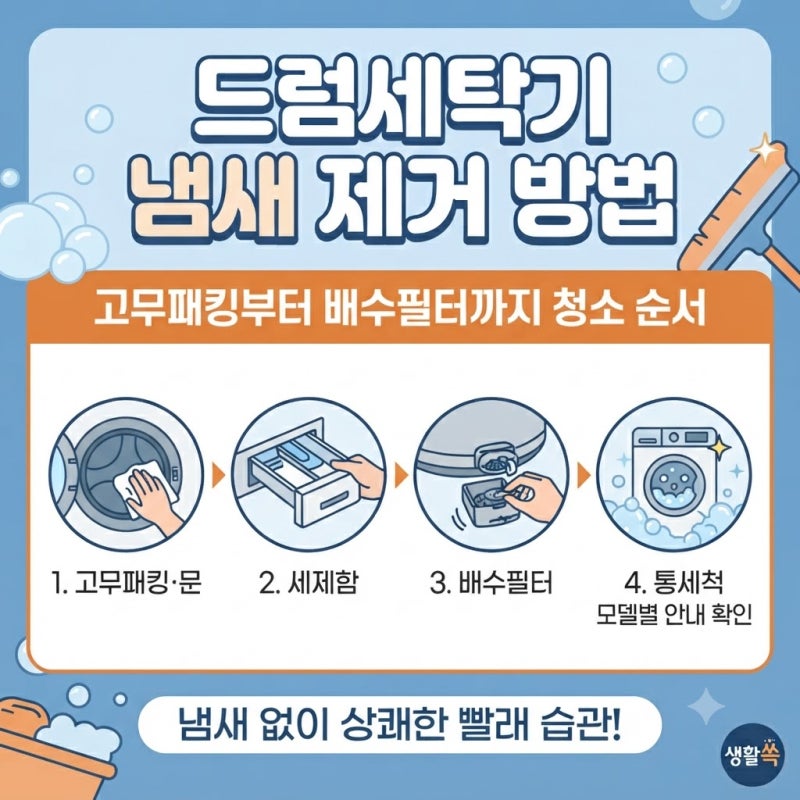 드럼세탁기 냄새 제거 방법｜고무패킹부터 배수필터까지 청소 순서