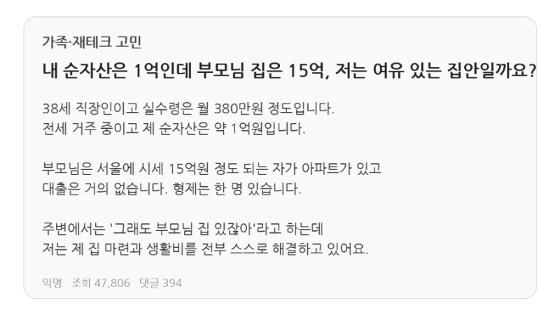 내 순자산은 1억인데 부모님 집은 15억 나는 여유 있는 집안일까