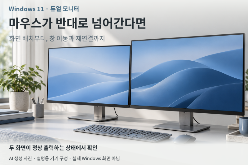윈도우11 듀얼 모니터 마우스가 반대로 넘어갈 때, 화면 배치와 창 위치 설정